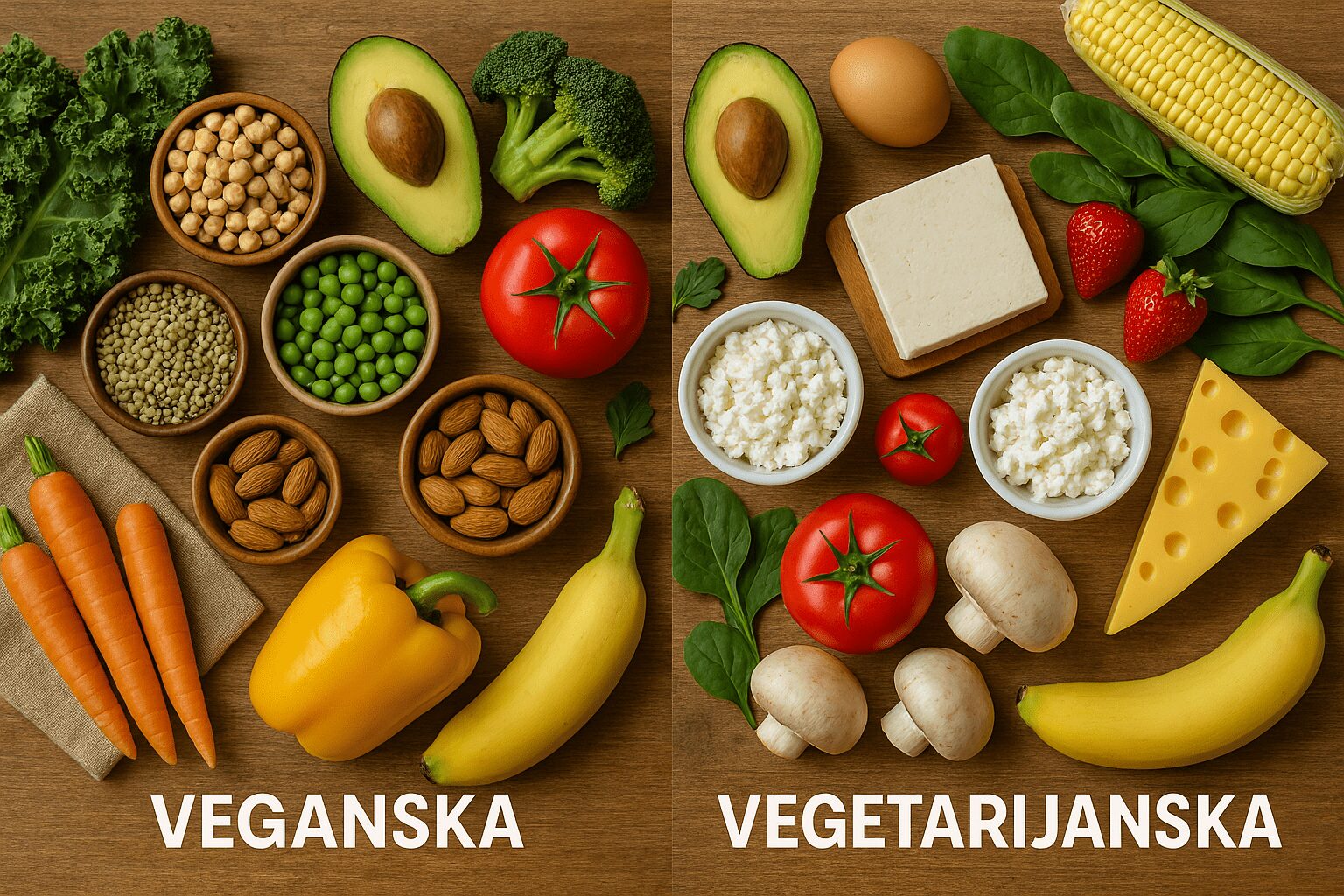 Vizuelno poređenje veganske i vegetarijanske ishrane kroz podeljeni sto sa biljnim i mlečnim proizvodima