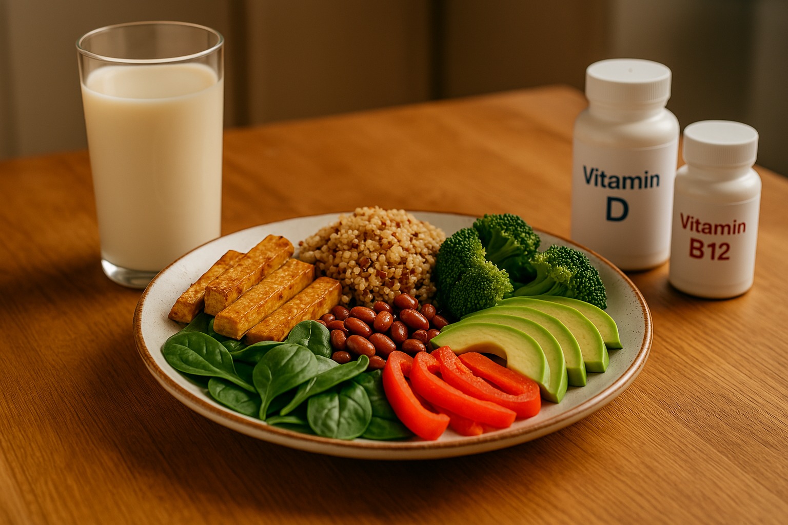 Izbalansiran biljni obrok sa tofuom, povrćem, kinoom i suplementima vitamina B12 i D na drvenom stolu, prikazuje nutritivne osnove veganske i vegetarijanske ishrane i njihov uticaj na zdravlje. 