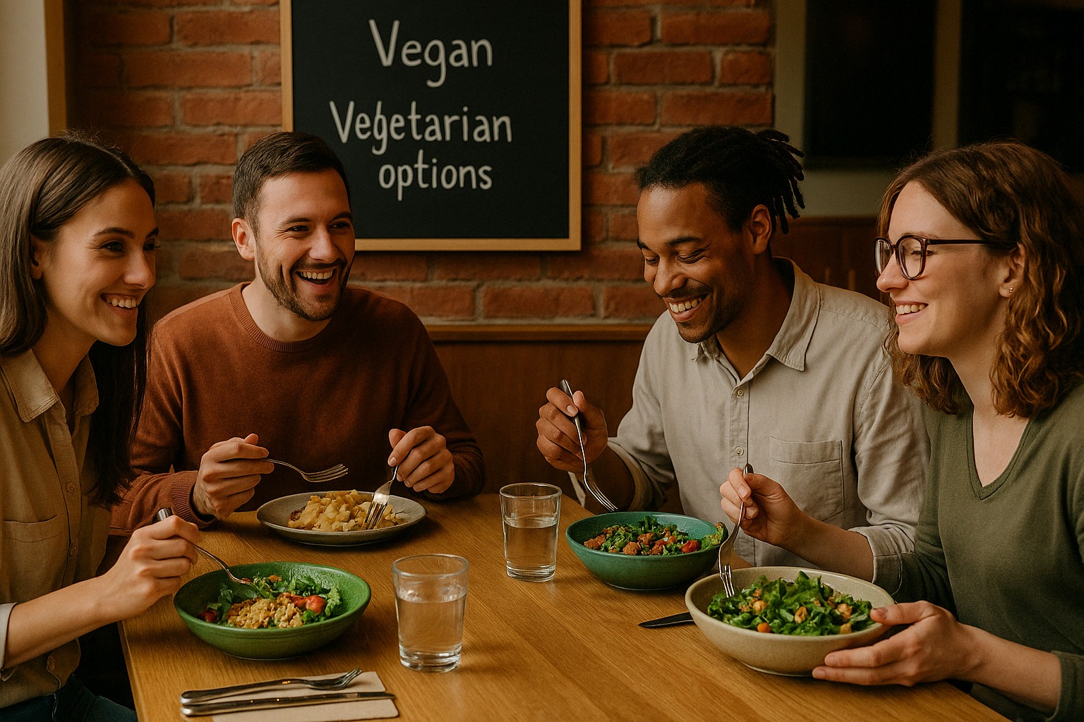 Četvoro mladih ljudi uživa u obroku u restoranu sa veganskim i vegetarijanskim opcijama, prikazujući porast društvene prihvaćenosti biljne ishrane.