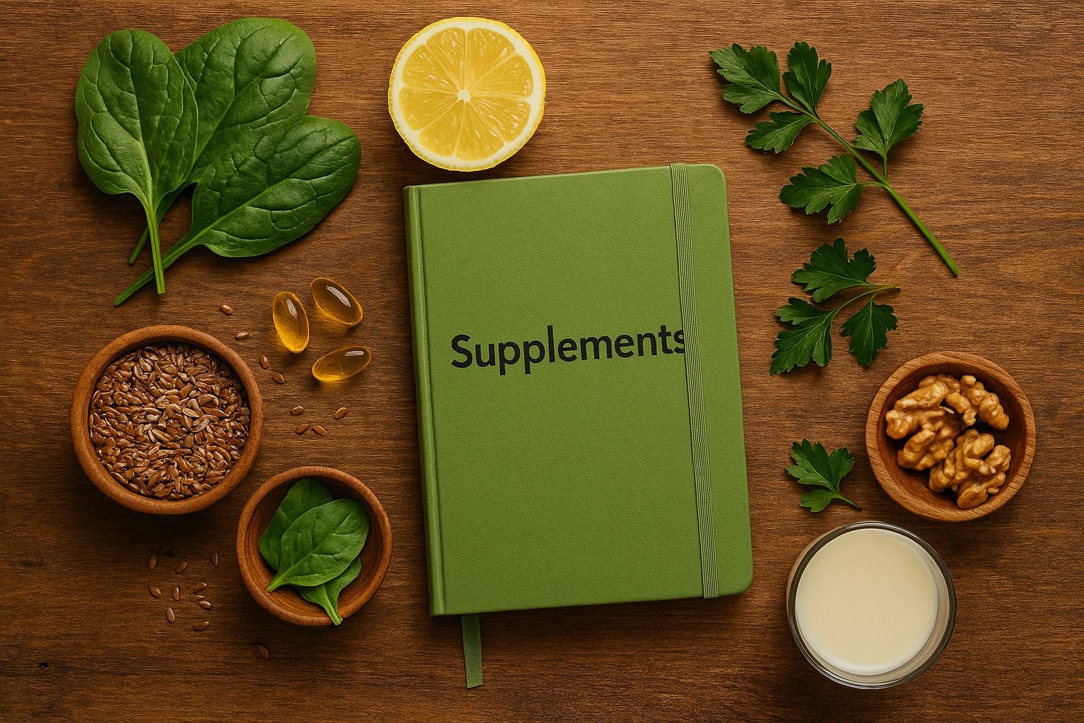 Suplementi i biljne namirnice uz zeleni planer simbolizuju razliku u nutritivnim potrebama veganske i vegetarijanske ishrane.