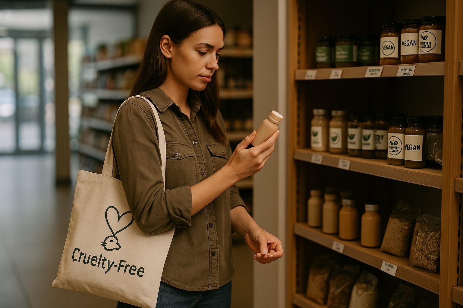 Mlada žena u prodavnici čita deklaraciju proizvoda dok nosi platnenu torbu sa natpisom "Cruelty-Free", simbol veganskog načina života izvan ishrane nasuprot dijetetskom fokusu vegetarijanaca.